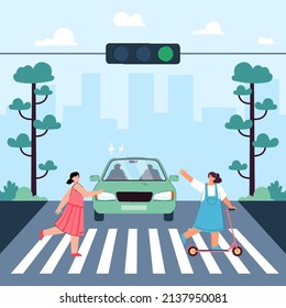 Little cartoon girls crossing street in front of moving car. Driver beeping at children on road flat vector illustration. Danger, traffic, safety concept for banner, website design or landing web page