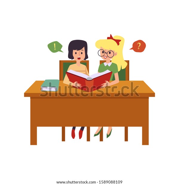 Little Cartoon Girls Sitting School Desk Stockvector Rechtenvrij