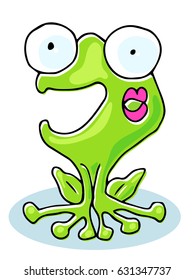 A little cartoon green Frog with big eyes and a kiss on his cheek happy smiling. Colorful vector illustration with isolated quirky character for kids.