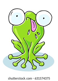 A little cartoon green Frog with big eyes shows his tongue out and teases. Colorful vector illustration with isolated quirky character for kids.