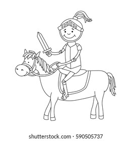 Little cartoon hand drawn knight on horse. Boy in knight costume.