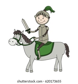 Little cartoon hand drawn knight on horse. Boy in knight costume.