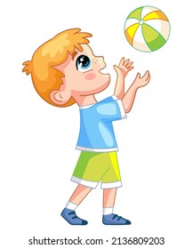 Little cartoon happy boy character in blue and green clothes playing with a soccer ball. Vector illustration isolated on white background