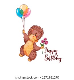 Little cartoon hedgehog flying in a balloon in his hand holding a bouquet of roses. Cute happy birthday card. Hand drawn sketch. Vector illustration.