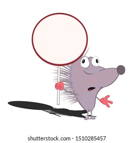 little cartoon hedgehog stand and holds a round nameplate. Isolated on a white background.