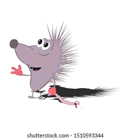 a little cartoon hedgehog steps and drags a pink worm in his hand. Isolated on a white background.