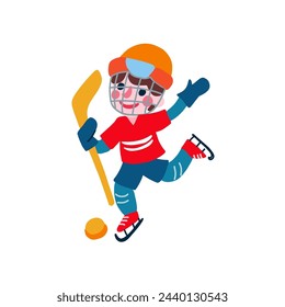 Little cartoon hockey player, Kid cute boy character in motion isolated on white background, vector flat illustration, winter sport, sportsman with suitб hockey stick, puck, helmet for design