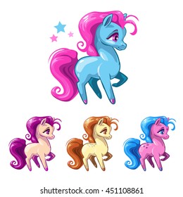 Little cartoon horse, different color variations. Vector beautiful pony girl illustration. Isolated on white.