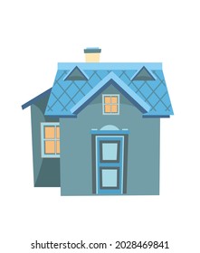 Little cartoon house. Night twilight. Cozy rustic dwelling in a traditional European style. Nice dark home. Isolated on white background. Vector
