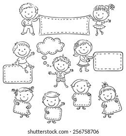 Little cartoon kids with blank signs, black and white outline