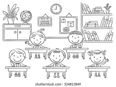 Little Cartoon Kids In A Classroom, Black And White Outline