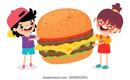 Little Cartoon Kids Eating Hamburger