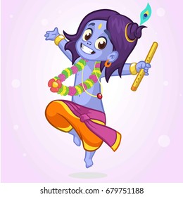 Little cartoon Krishna with eyes closed dancing with a flute. Greeting card for Krishna birthday. Vector illustration isolated on a white background. Outlined