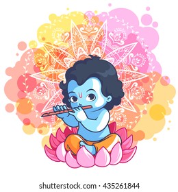 Little cartoon Krishna with a flute on the lotus. Vector cartoon illustration on a pink spotted background.