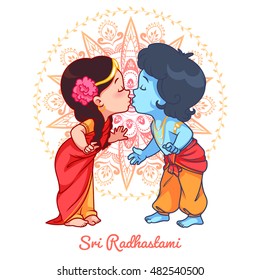 Little cartoon Krishna kissing Radha. Greeting card for Sri Radhastami. Vector cartoon illustration on a yellow spotted background.