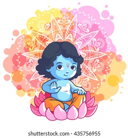 Little cartoon Krishna on the lotus. Vector cartoon illustration on a pink spotted background.
