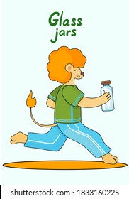 Little cartoon lion cub is running fast on the carpet with a glass jar closed with a wooden lid. Wild animals preserve the environment and do not harm it. Glass jars. No plastic ecology concept