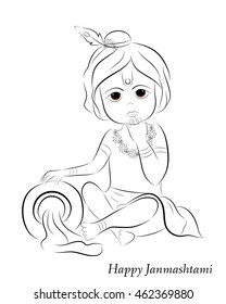 Little cartoon Lord Krishna with pot of butter. Greeting card for Krishna birthday. Happy janmashtami. Vector illustration. 