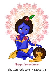 Little cartoon Lord Krishna with pot of butter. Greeting card for Krishna birthday. Happy janmashtami. Vector illustration.