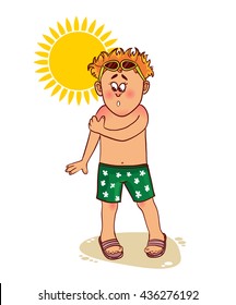 Little Cartoon Man Complains About Burn On His Skin From The Sun, Vector Image