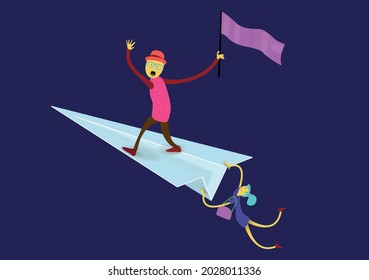 Little cartoon men fly on a paper airplane with a pink flag. Vector banner
