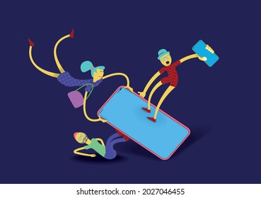 Little cartoon men are trying to turn over a mobile phone. Vector banner