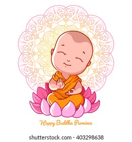 Little cartoon monk on the lotus. Greeting card for Buddha birthday. Vector illustration isolated on a white background.