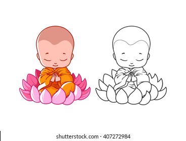 Little cartoon monk on the lotus. Page for coloring book. Vector illustration isolated on a white background.