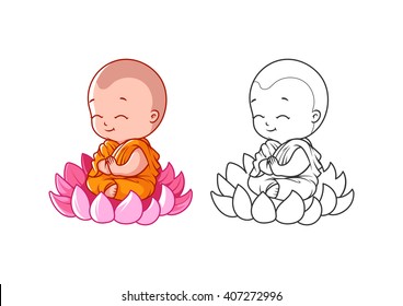 Little cartoon monk on the lotus. Page for coloring book. Vector illustration isolated on a white background.