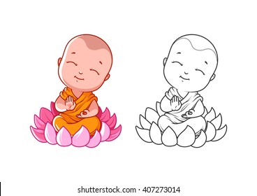 Little cartoon monk on the lotus. Page for coloring book. Vector illustration isolated on a white background.