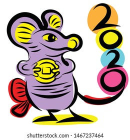 Little cartoon mouse. The animal of the Chinese zodiac. Hand drawn vector illustration.