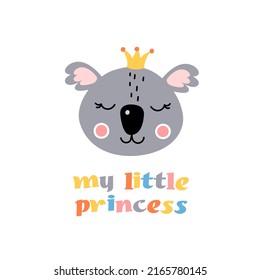 Little cartoon muzzle of a koala. Children's print. My little princess.  