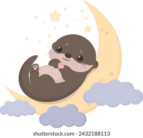 Little Cartoon Otter With Heart Lies on the Moon in the Clouds Starry Sky