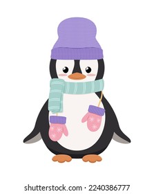 Pingüino de dibujos animados con sombrero de lana, bufanda y guantes cálidos. Animales vectoriales pequeños aislados sobre fondo blanco. Ilustración plana.