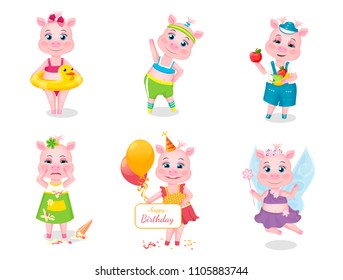Little cartoon pigs characters posing in different situations set of vector illustrations