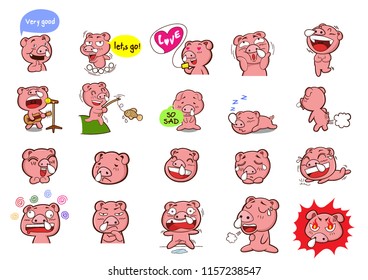 Little cartoon pigs characters posing in different situations set of vector illustrations