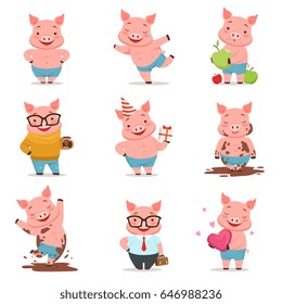 Little cartoon pigs characters posing in different situations set of vector illustrations