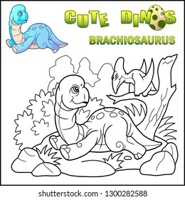 little cartoon prehistoric dinosaur brachiosaurus, coloring book, funny illustration