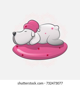 A little cartoon puppy is sleeping in a cap on a pink cushion