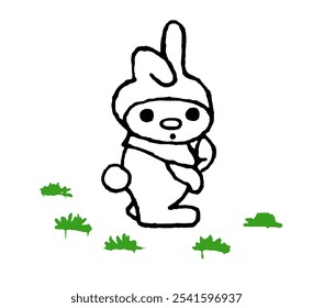 
little cartoon rabbit, black outline on a white background, vector