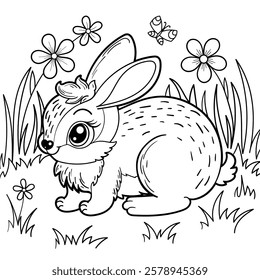 Little cartoon rabbit on the lawn. Black and white linear drawing. Isolated on white background. For children's design of coloring books, prints, posters, puzzles, etc. Vector illustration