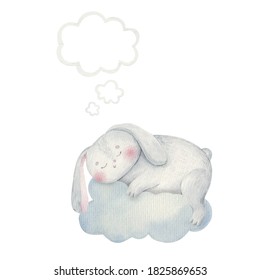 little cartoon rabbit sleeping on a cloud, children's illustration, children's room design, print