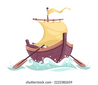 Pequeña barca de caricatura con remo. Barco de madera para el océano, el mar o el río. Transporte marítimo. Aislado sobre fondo blanco transparente. Ilustración vectorial.
