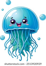 little cartoon smiling jellyfish surrounded by air bubbles