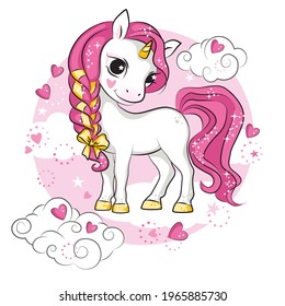 Little cartoon smilling unicorn on pink background.