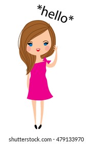 Little cartoon style girl wearing pink dress saying hello. vector illustration