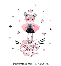 Little cartoon supergirl character illustration. Girlish Pink Super Hero themed vector doodle graphics. Perfect for little girl design like t-shirt textile fabric print birtday party art wall poster