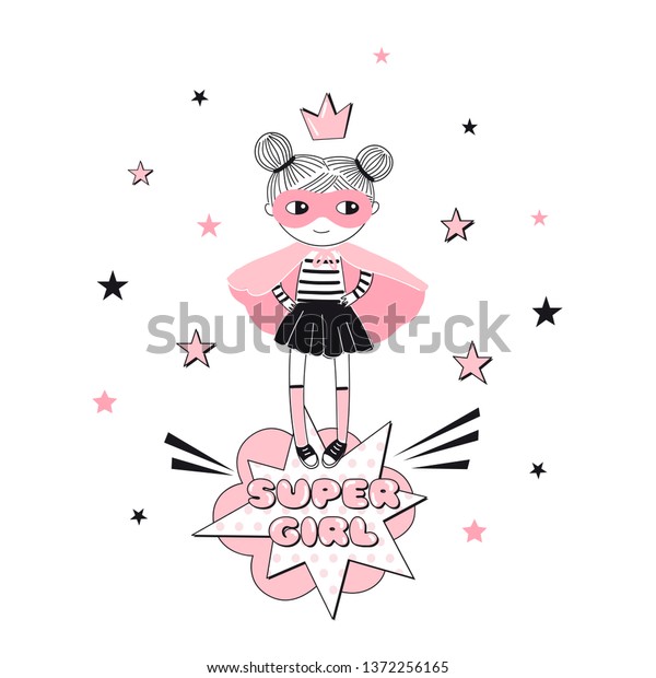 小さな漫画のスーパーガールのキャラクターイラスト ガーリッシュなピンクのスーパーヒーローをテーマにしたベクター落書きグラフィック Tシャツの織物のプリントのバーデーパーティーの壁のポスターのような少女のデザインに最適 のベクター画像素材 ロイヤリティ