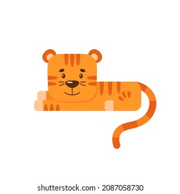 The little cartoon tiger is lying and resting. Happy cute wild animal. Design element for nursery poster, packaging of baby goods, print for children's clothes. Symbol of the Chinese New Year.