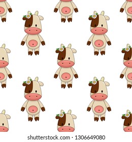 little cartoon toy cow with chamomile near ear and brown spot around eye. Seamless vector pattern on white background chequerwise